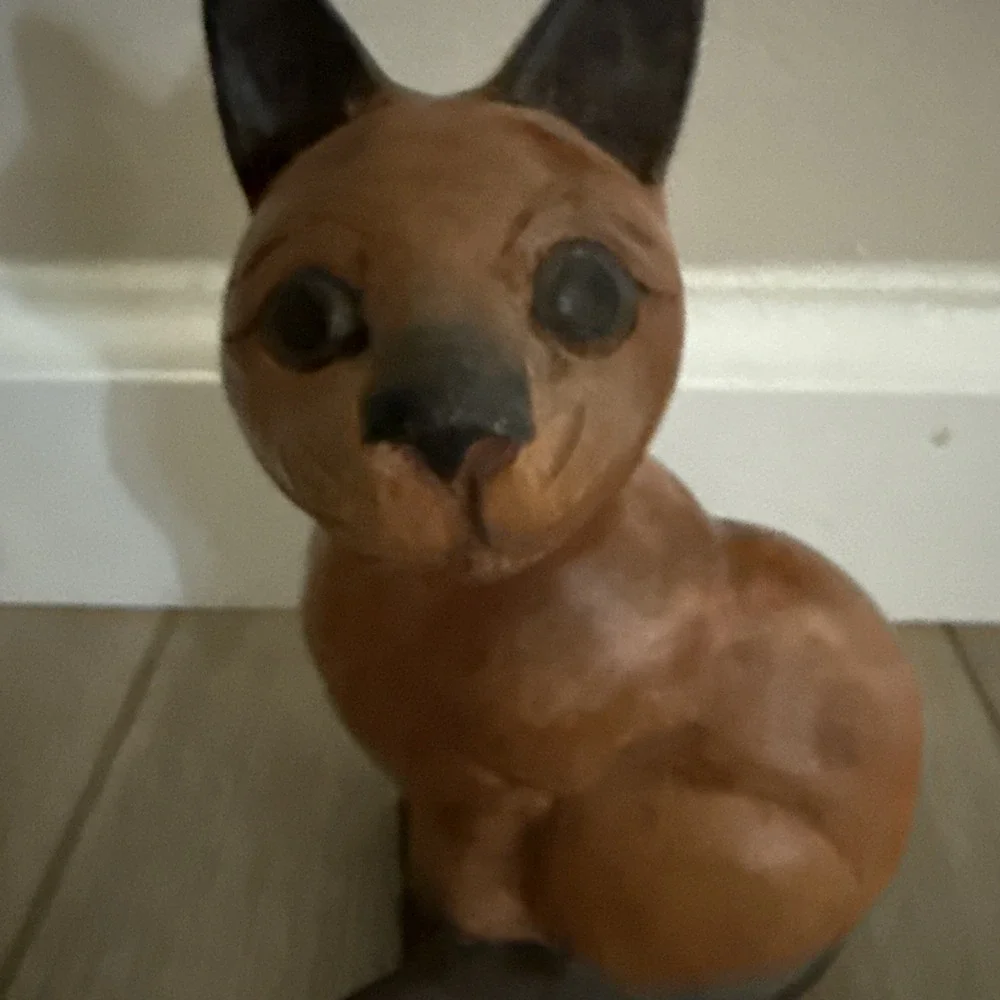 Vintage MCM Wood Sitting Cat Black Ears Tail Paws‎ Green Eyes 6